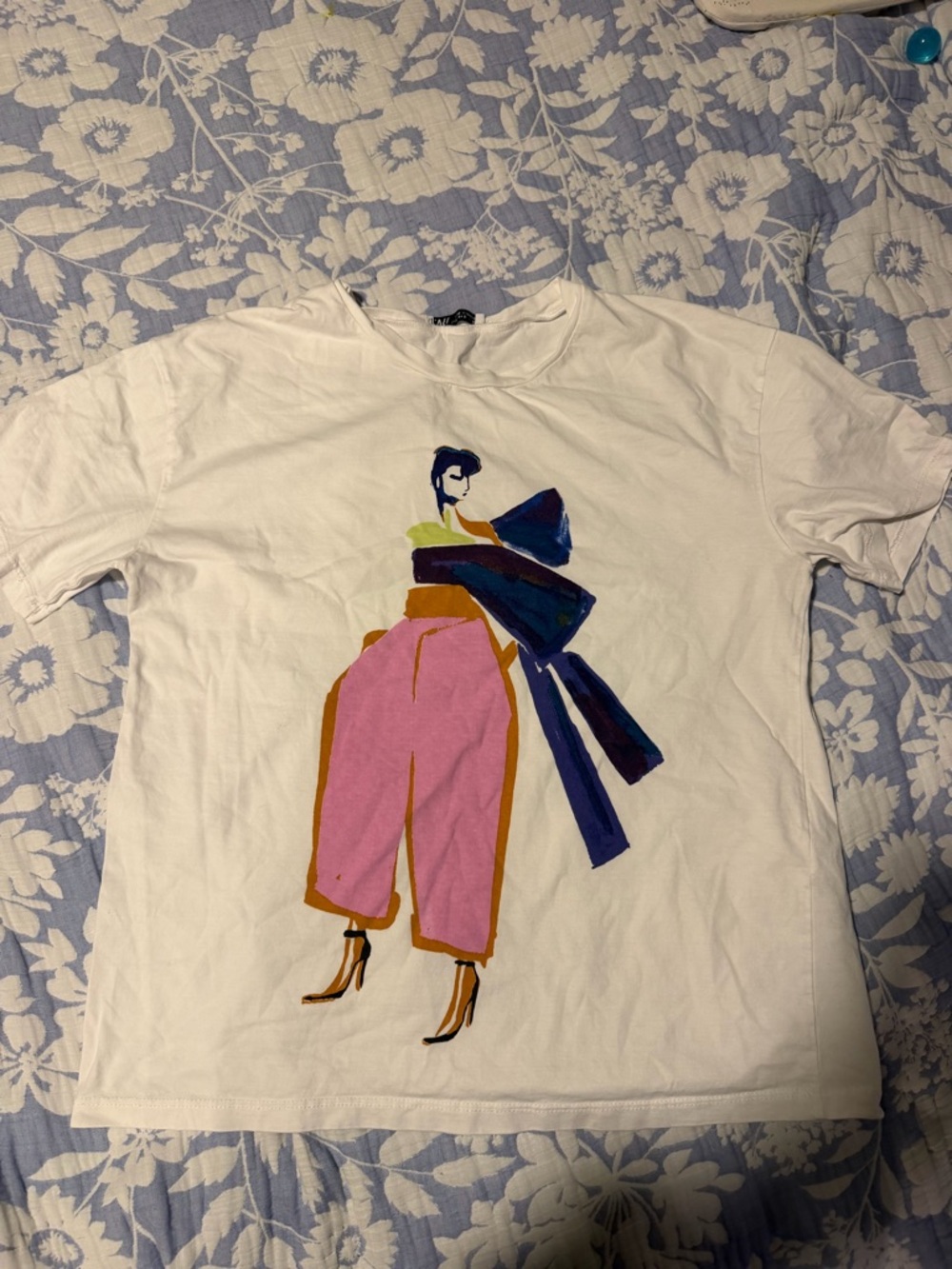 Zara White Graphic Tee with Pink, Navy, Mustard & Green Illustration